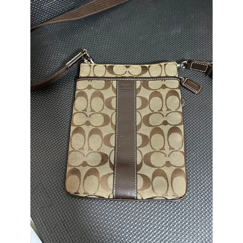 Coach‎ Signature Canvas Brown Stripe Leather Jacquard Crossbody And Wallet